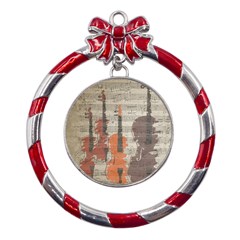 Music Notes Score Song Melody Classic Classical Vintage Violin Viola Cello Bass Metal Red Ribbon Round Ornament by Maspions