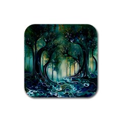 Trees Forest Mystical Forest Background Landscape Nature Rubber Square Coaster (4 Pack) by Maspions