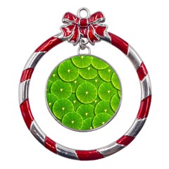 Lime Textures Macro, Tropical Fruits, Citrus Fruits, Green Lemon Texture Metal Red Ribbon Round Ornament by nateshop