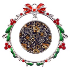 Paisley Texture, Floral Ornament Texture Metal X mas Wreath Ribbon Ornament by nateshop