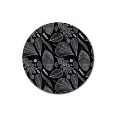 Leaves Flora Black White Nature Rubber Coaster (round) by Maspions