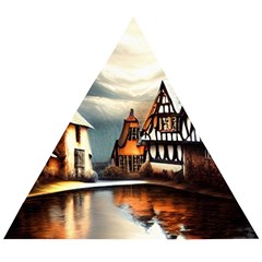 Village Reflections Snow Sky Dramatic Town House Cottages Pond Lake City Wooden Puzzle Triangle by Posterlux