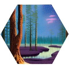 Artwork Outdoors Night Trees Setting Scene Forest Woods Light Moonlight Nature Wooden Puzzle Hexagon by Posterlux