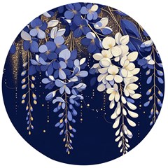 Solid Color Background With Royal Blue, Gold Flecked , And White Wisteria Hanging From The Top Wooden Bottle Opener (round) by LyssasMindArtDecor