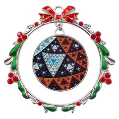 Fractal Triangle Geometric Abstract Pattern Metal X mas Wreath Ribbon Ornament by Cemarart